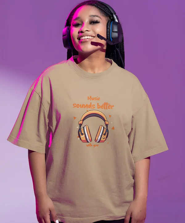 TOFFTEES_Premium_French_Terry_Fabric__(220_GSM)_Beige_Oversized_MusicSoundsBetter_Half_Sleeves_Women's_T-shirt