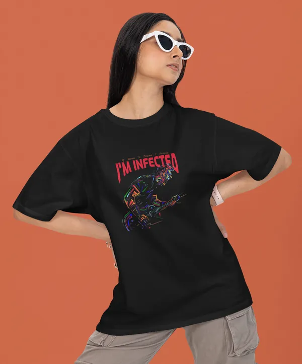 TOFFTEES_Premium_French_Terry_Fabric__(220_GSM)_Black_Oversized_Infected_Half_Sleeves_Women's_T-shirt