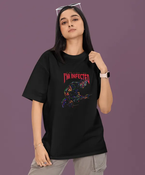 TOFFTEES_Premium_French_Terry_Fabric__(220_GSM)_Black_Oversized_Infected_Half_Sleeves_Women's_T-shirt