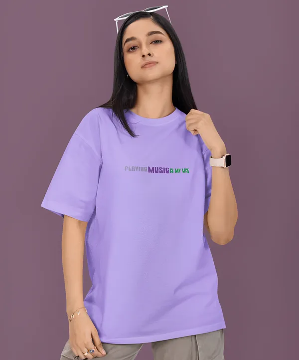 TOFFTEES_Premium_French_Terry_Fabric__(220_GSM)_Lavender_Oversized_PlayingMusic_Half_Sleeves_Women's_T-shirt