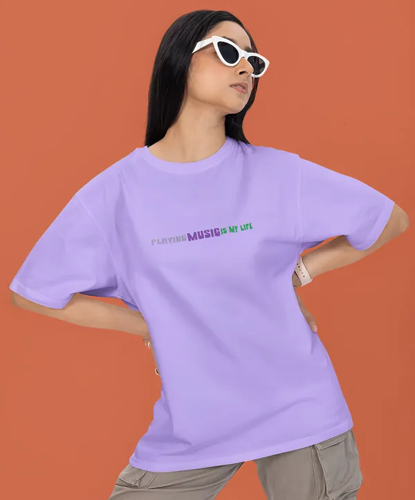 TOFFTEES_Premium_French_Terry_Fabric__(220_GSM)_Lavender_Oversized_PlayingMusic_Half_Sleeves_Women's_T-shirt