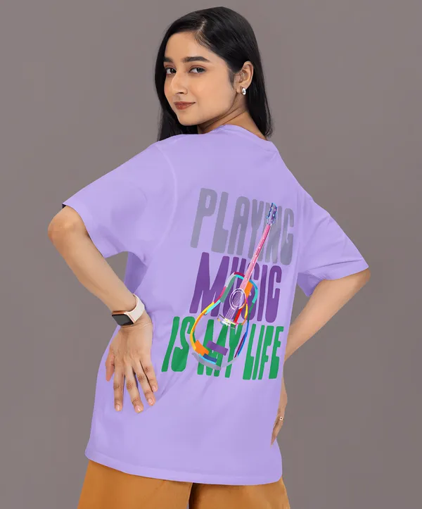 TOFFTEES_Premium_French_Terry_Fabric__(220_GSM)_Lavender_Oversized_PlayingMusic_Half_Sleeves_Women's_T-shirt