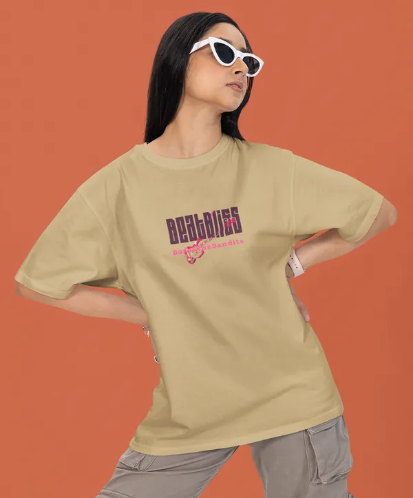 TOFFTEES_Premium_French_Terry_Fabric__(220_GSM)_Beige_Oversized_Beatbliss_Half_Sleeves_Women's_T-shirt