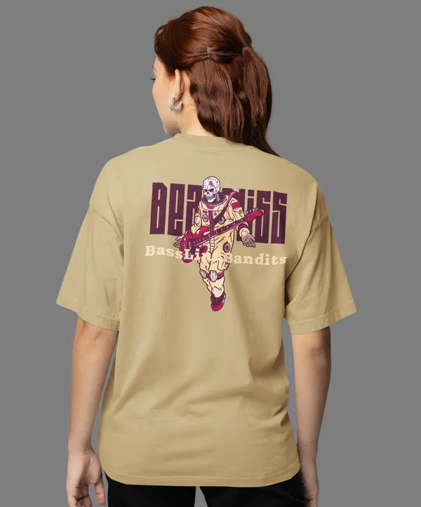 TOFFTEES_Premium_French_Terry_Fabric__(220_GSM)_Beige_Oversized_Beatbliss_Half_Sleeves_Women's_T-shirt