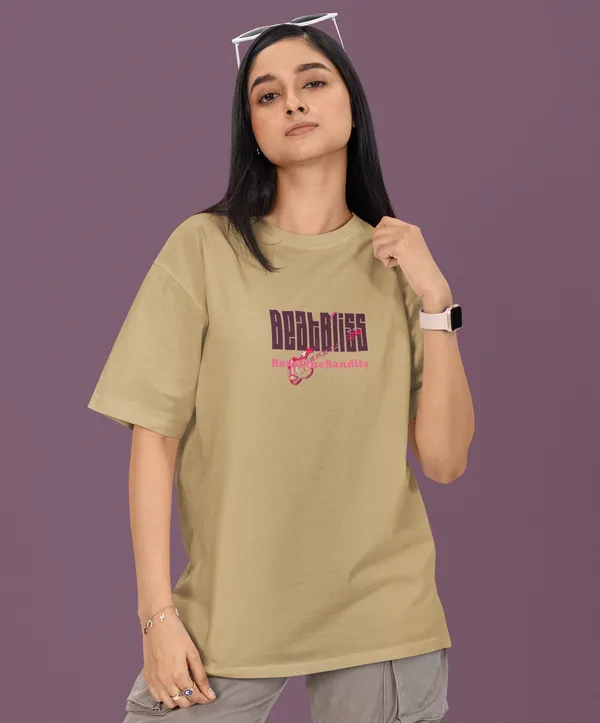 TOFFTEES_Premium_French_Terry_Fabric__(220_GSM)_Beige_Oversized_Beatbliss_Half_Sleeves_Women's_T-shirt