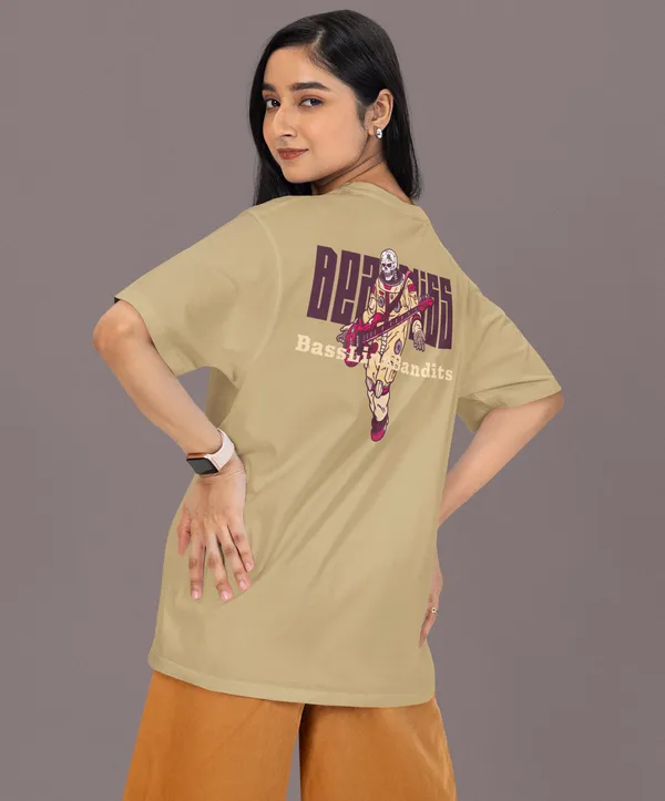 TOFFTEES_Premium_French_Terry_Fabric__(220_GSM)_Beige_Oversized_Beatbliss_Half_Sleeves_Women's_T-shirt