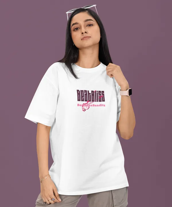 TOFFTEES_Premium_French_Terry_Fabric__(220_GSM)_White_Oversized_Beatbliss_Half_Sleeves_Women's_T-shirt