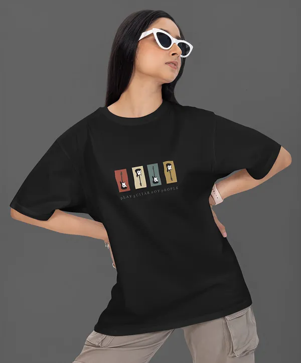 TOFFTEES_Premium_French_Terry_Fabric__(220_GSM)_Black_Oversized_PlayGuitar_Half_Sleeves_Women's_T-shirt