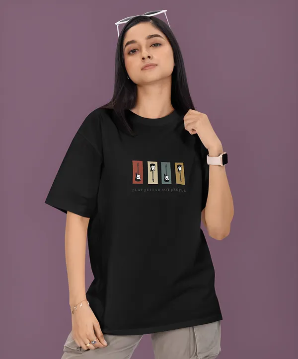TOFFTEES_Premium_French_Terry_Fabric__(220_GSM)_Black_Oversized_PlayGuitar_Half_Sleeves_Women's_T-shirt