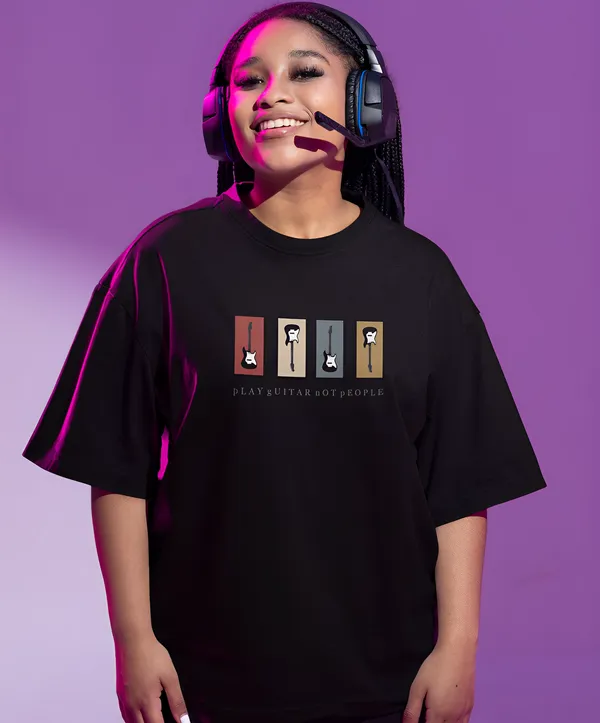 TOFFTEES_Premium_French_Terry_Fabric__(220_GSM)_Black_Oversized_PlayGuitar_Half_Sleeves_Women's_T-shirt