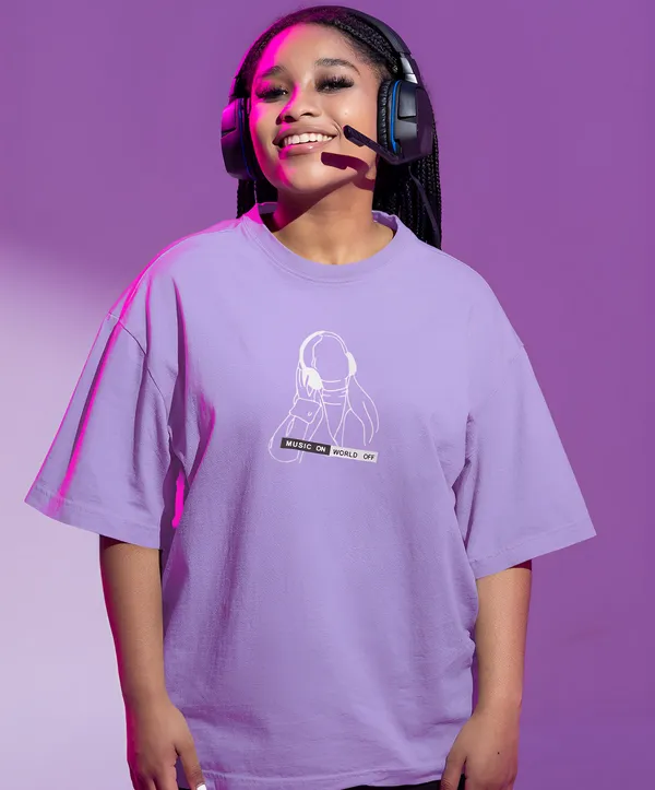 TOFFTEES_Premium_French_Terry_Fabric__(220_GSM)_Lavender_Oversized_MusicOnOff_Half_Sleeves_Women's_T-shirt