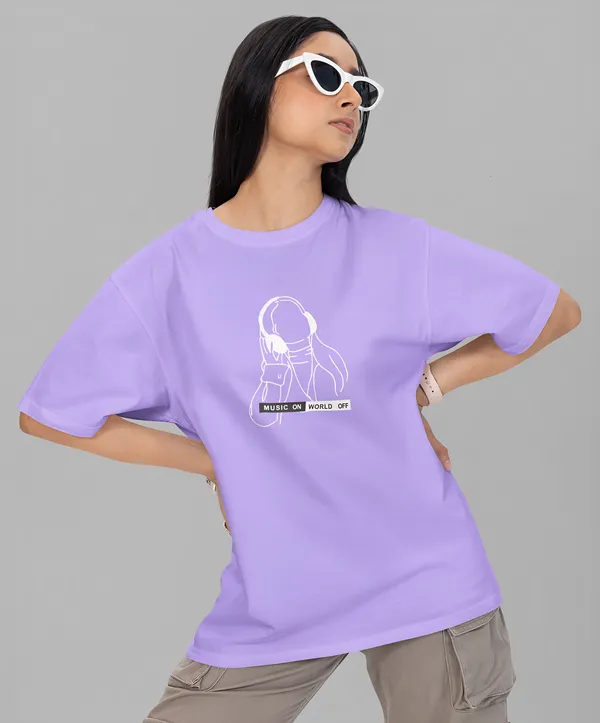 TOFFTEES_Premium_French_Terry_Fabric__(220_GSM)_Lavender_Oversized_MusicOnOff_Half_Sleeves_Women's_T-shirt