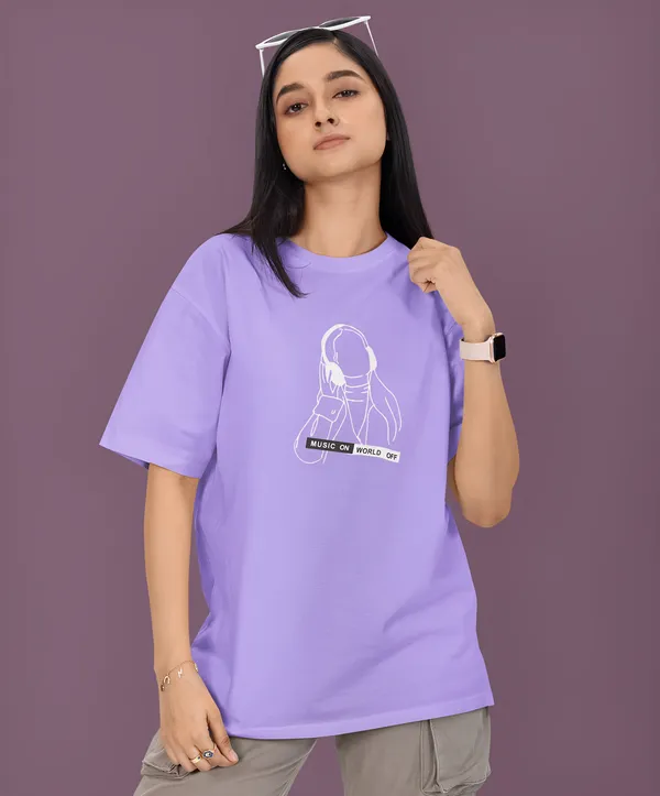 TOFFTEES_Premium_French_Terry_Fabric__(220_GSM)_Lavender_Oversized_MusicOnOff_Half_Sleeves_Women's_T-shirt