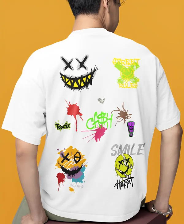 TOFFTEES_Premium_White_Oversized_Smile_Half_Sleeves_T-shirt_|_French_Terry_Fabric__(220_GSM)