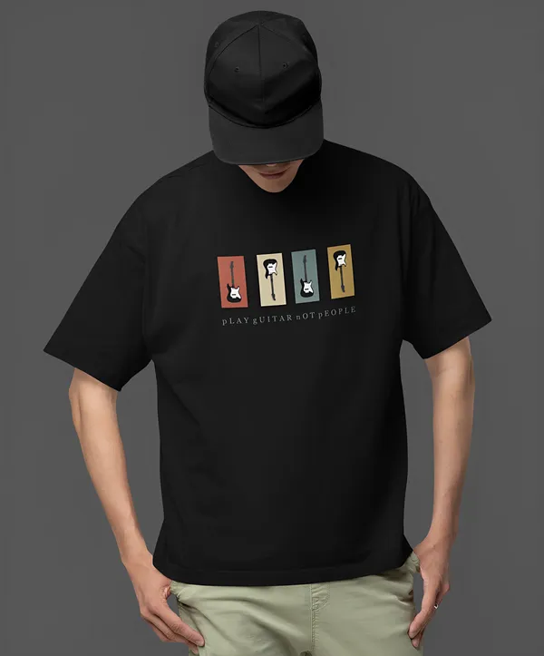 TOFFTEES_Premium_French_Terry_Fabric_(220_GSM)_Black_Oversized__PlayGuitar_Half_Sleeves_T-shirt