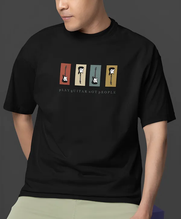 TOFFTEES_Premium_French_Terry_Fabric_(220_GSM)_Black_Oversized__PlayGuitar_Half_Sleeves_T-shirt