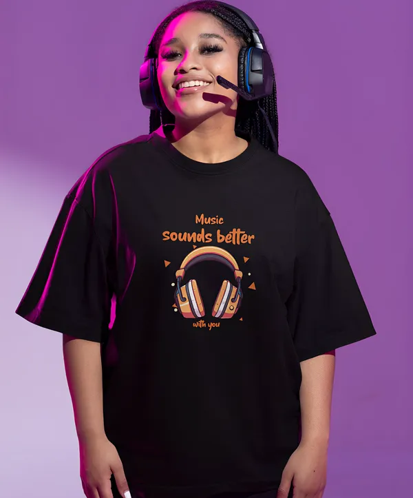TOFFTEES_Premium_French_Terry_Fabric__(220_GSM)_Black_Oversized_MusicSoundsBetter_Half_Sleeves_Women's_T-shirt