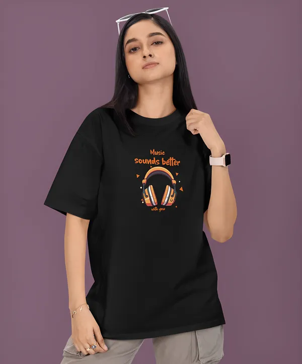 TOFFTEES_Premium_French_Terry_Fabric__(220_GSM)_Black_Oversized_MusicSoundsBetter_Half_Sleeves_Women's_T-shirt