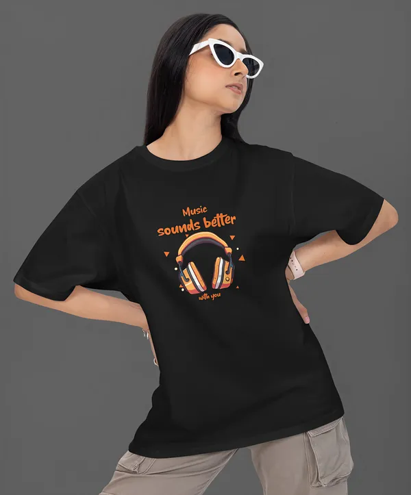 TOFFTEES_Premium_French_Terry_Fabric__(220_GSM)_Black_Oversized_MusicSoundsBetter_Half_Sleeves_Women's_T-shirt