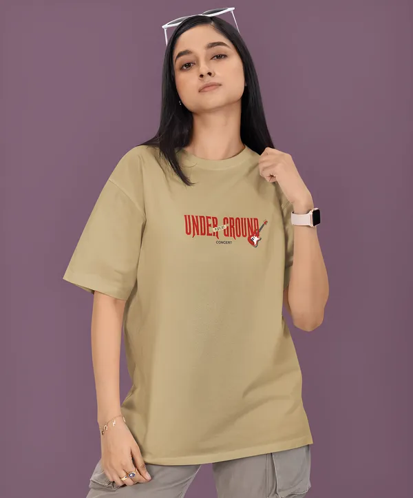 TOFFTEES_Premium_French_Terry_Fabric__(220_GSM)_Beige_Oversized_Underground_Half_Sleeves_Women's_T-shirt