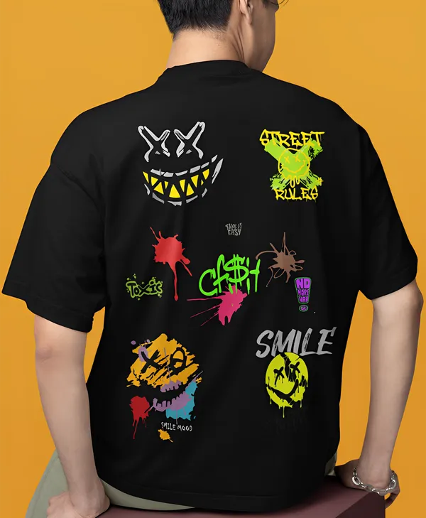 TOFFTEES_Premium_Black_Oversized_Smile_Half_Sleeves_T-shirt_|_French_Terry_Fabric__(220_GSM)