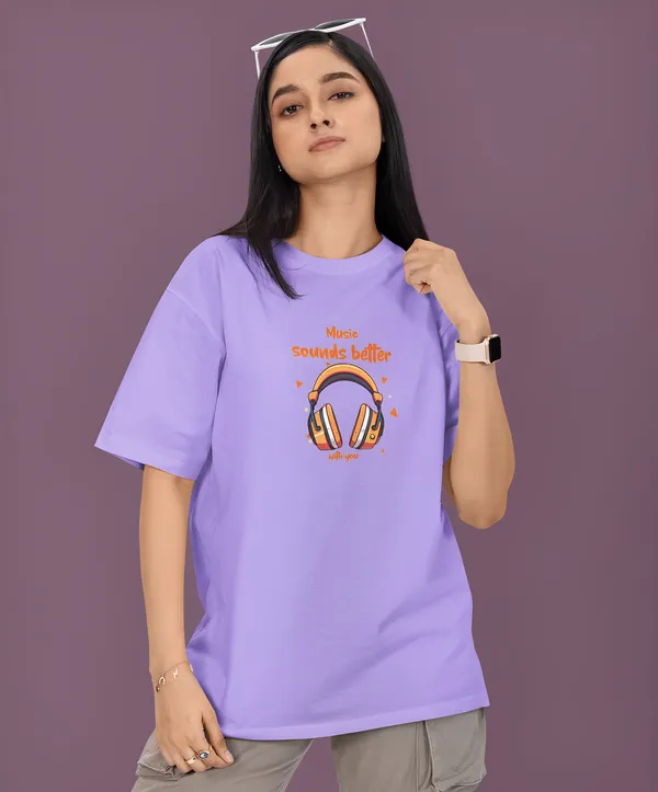 TOFFTEES_Premium_French_Terry_Fabric__(220_GSM)_Lavender_Oversized_MusicSoundsBetter_Half_Sleeves_Women's_T-shirt