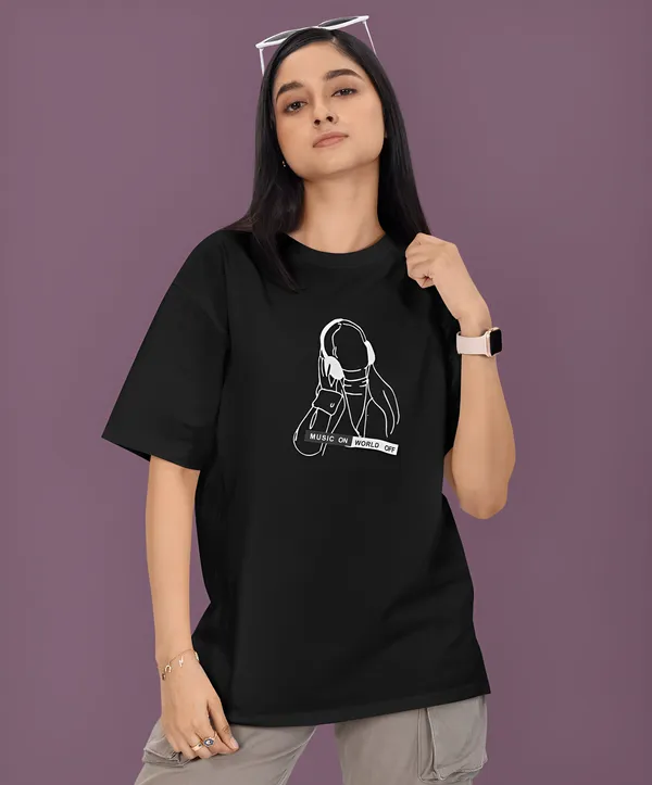 TOFFTEES_Premium_French_Terry_Fabric__(220_GSM)_Black_Oversized_MusicOnOff_Half_Sleeves_Women's_T-shirt