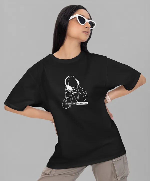TOFFTEES_Premium_French_Terry_Fabric__(220_GSM)_Black_Oversized_MusicOnOff_Half_Sleeves_Women's_T-shirt