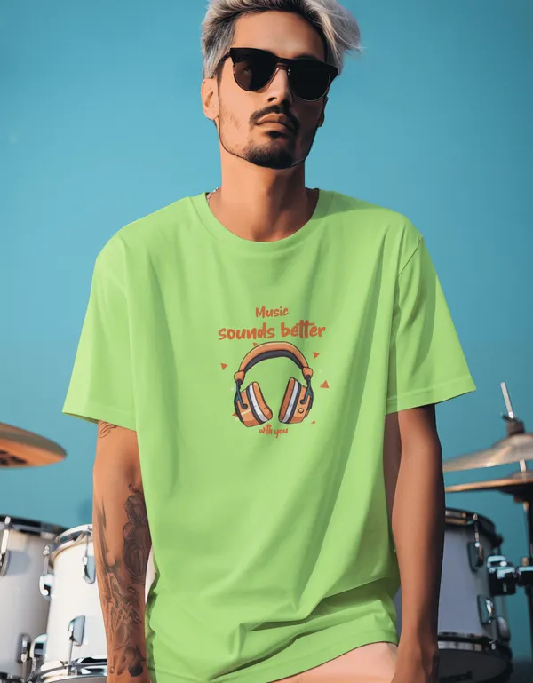 TOFFTEES_Music_Popular_Oversized_MusicSoundsBetter_Half_Sleeves_Parrot_Green_T-shirt_|___(200_GSM)
