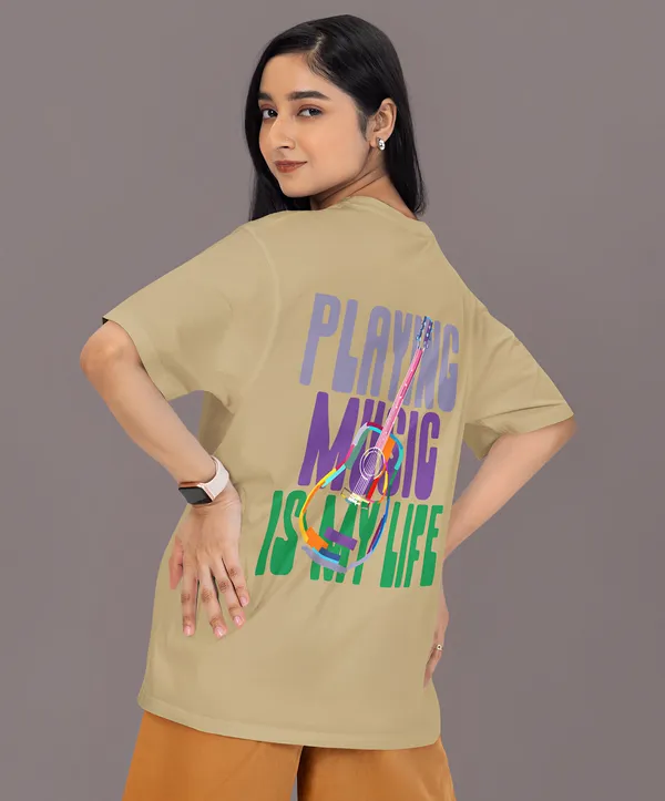 TOFFTEES_Premium_French_Terry_Fabric__(220_GSM)_Beige_Oversized_PlayingMusic_Half_Sleeves_Women's_T-shirt