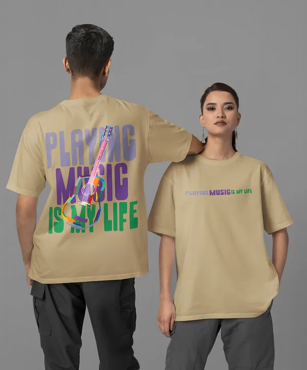 TOFFTEES_Premium_French_Terry_Fabric__(220_GSM)_Beige_Oversized_PlayingMusic_Half_Sleeves_Women's_T-shirt