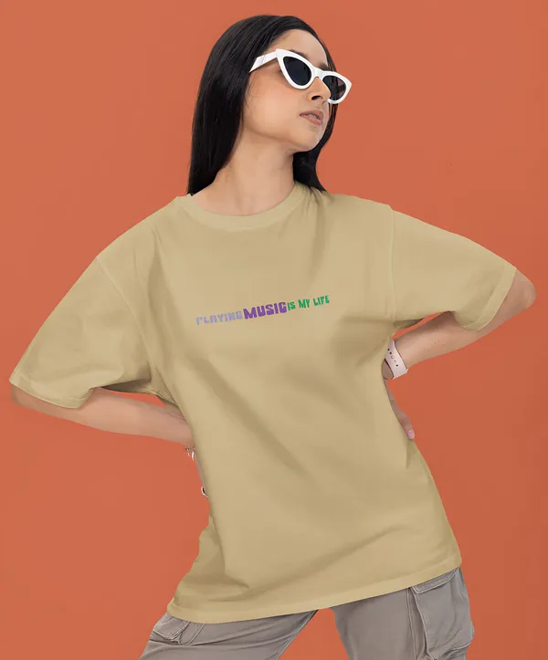 TOFFTEES_Premium_French_Terry_Fabric__(220_GSM)_Beige_Oversized_PlayingMusic_Half_Sleeves_Women's_T-shirt