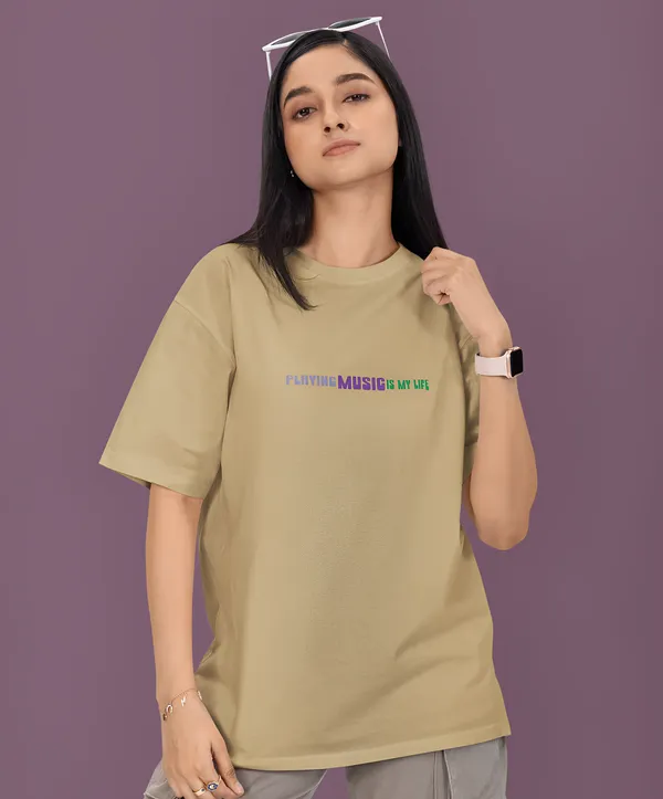 TOFFTEES_Premium_French_Terry_Fabric__(220_GSM)_Beige_Oversized_PlayingMusic_Half_Sleeves_Women's_T-shirt