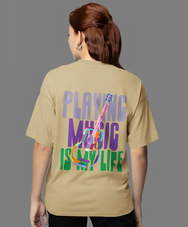 TOFFTEES_Premium_French_Terry_Fabric__(220_GSM)_Beige_Oversized_PlayingMusic_Half_Sleeves_Women's_T-shirt