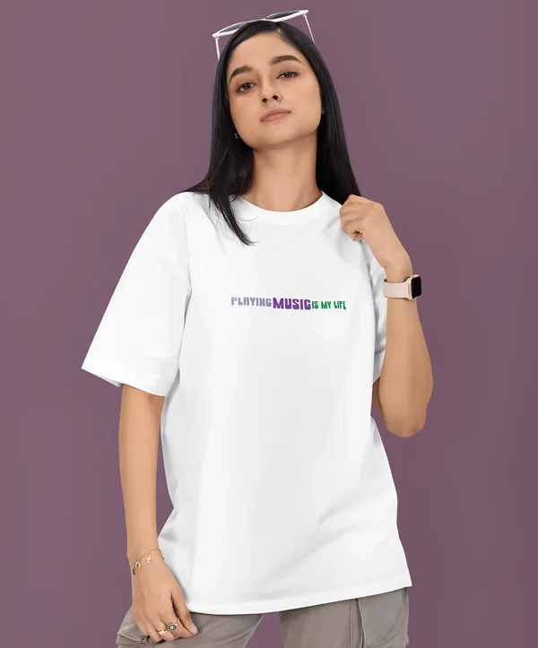 TOFFTEES_Premium_French_Terry_Fabric__(220_GSM)_White_Oversized_PlayingMusic_Half_Sleeves_Women's_T-shirt