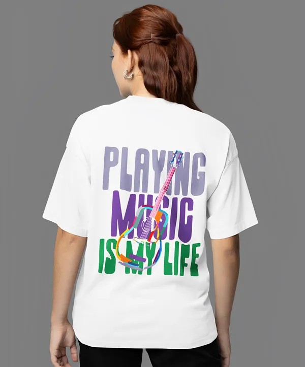 TOFFTEES_Premium_French_Terry_Fabric__(220_GSM)_White_Oversized_PlayingMusic_Half_Sleeves_Women's_T-shirt