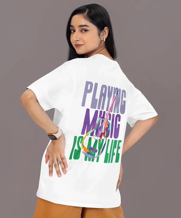 TOFFTEES_Premium_French_Terry_Fabric__(220_GSM)_White_Oversized_PlayingMusic_Half_Sleeves_Women's_T-shirt