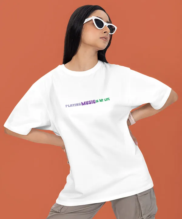 TOFFTEES_Premium_French_Terry_Fabric__(220_GSM)_White_Oversized_PlayingMusic_Half_Sleeves_Women's_T-shirt