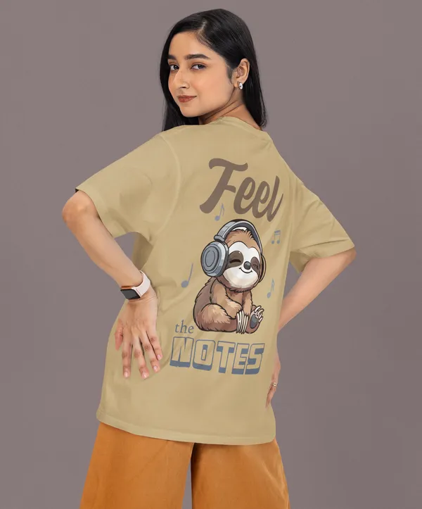 TOFFTEES_Premium_French_Terry_Fabric__(220_GSM)_Beige_Oversized_FeelTheNote_Half_Sleeves_Women's_T-shirt