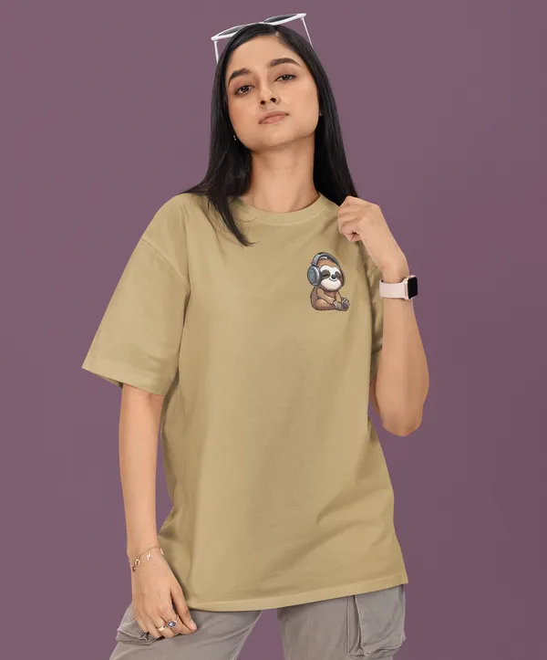 TOFFTEES_Premium_French_Terry_Fabric__(220_GSM)_Beige_Oversized_FeelTheNote_Half_Sleeves_Women's_T-shirt