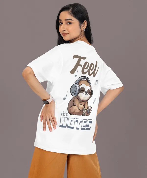 TOFFTEES_Premium_French_Terry_Fabric__(220_GSM)_White_Oversized_FeelTheNote_Half_Sleeves_Women's_T-shirt