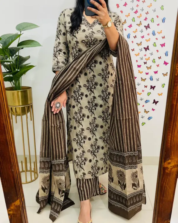 Beige_&_Brown_Floral_Printed_Cotton_Kurti_With_Pant_&_Dupatta_Set_|_For_Women