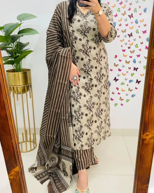 Beige_&_Brown_Floral_Printed_Cotton_Kurti_With_Pant_&_Dupatta_Set_|_For_Women