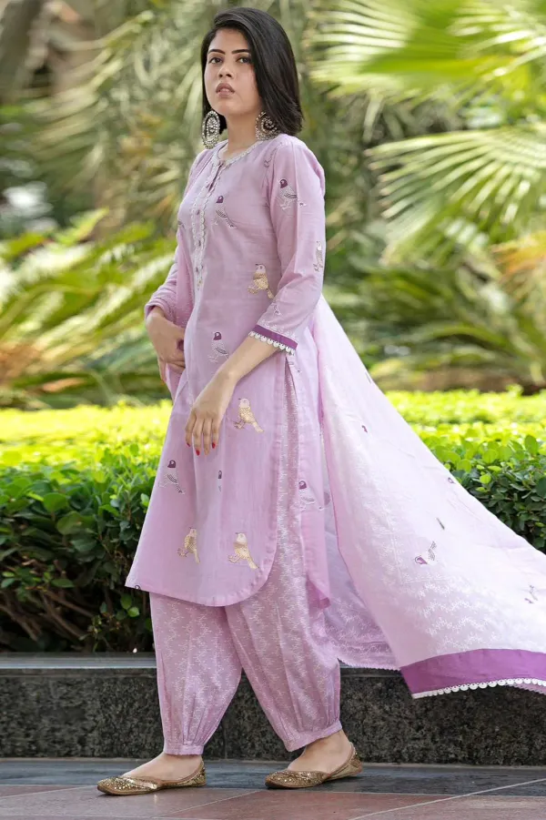 Lavender_Cotton_Bird_Printed_Kurta_Pant_Dupatta_Set_For_Women