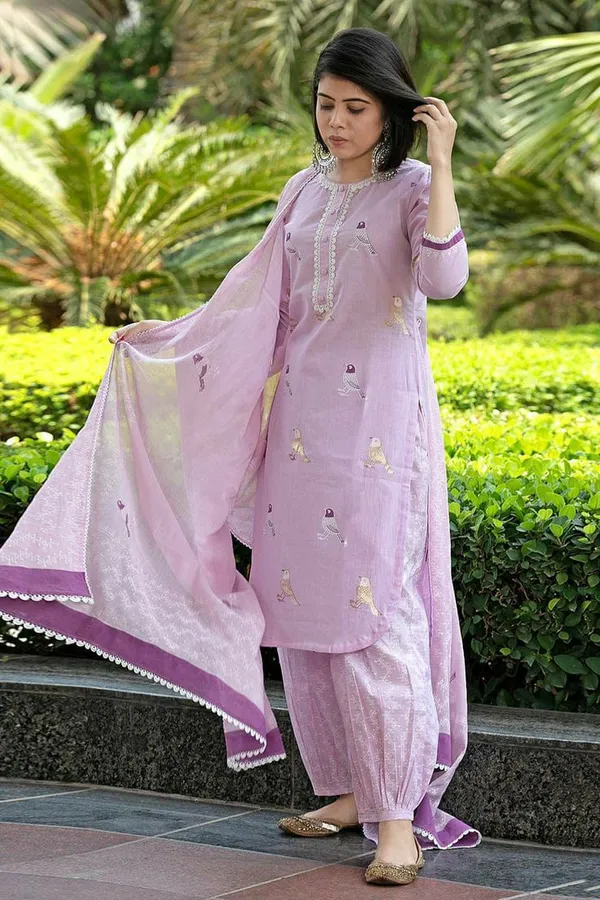 Lavender_Cotton_Bird_Printed_Kurta_Pant_Dupatta_Set_For_Women