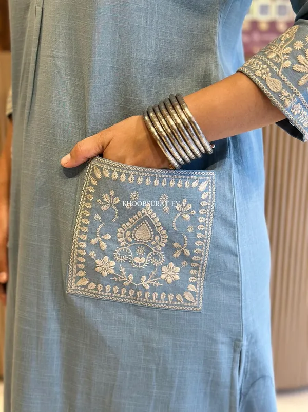 Sky_Blue_Embroidered_Cotton_Kurti_With_Pant_&_Dupatta_Set_|_For_Women