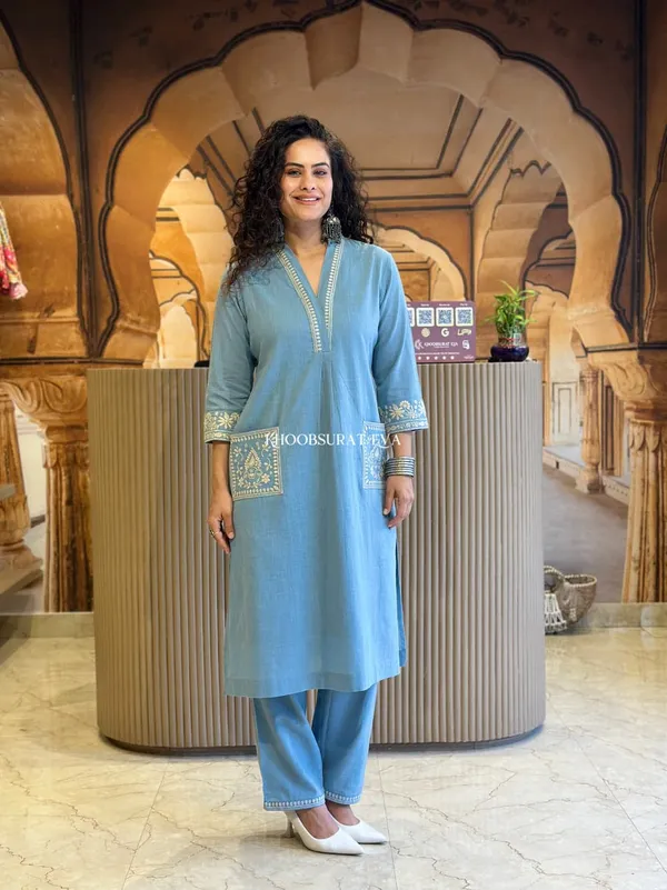 Sky_Blue_Embroidered_Cotton_Kurti_With_Pant_&_Dupatta_Set_|_For_Women