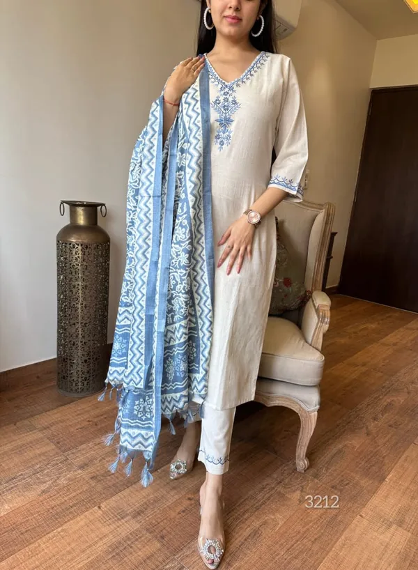 Off_White_&_Light_Blue_Cotton_Flex_Embroidery_Work_Suit_Set_With_Silk_Dupatta_For_Women