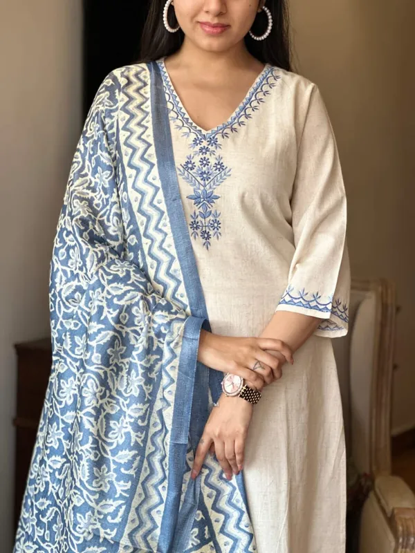 Off_White_Blue_Cotton_Flex_Embroidery_Suit_Set_With_Silk_Dupatta_For_Women