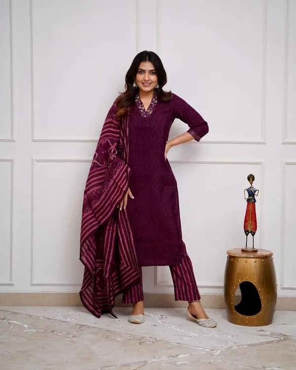 Wine_Cotton_Kurta_Pant_Set_with_MulMul_Dupatta_for_Women